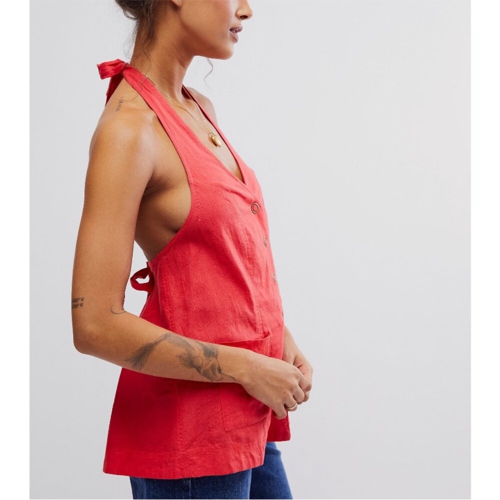 Free People NWT Scout Linen Blend Vneck Snap-Close Halter Vest Top large - Picture 8 of 14